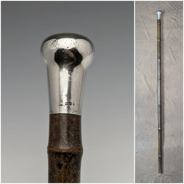 1918年 英国アンティーク 紳士用ステッキ 竹軸 純銀製 丸ハンドル 91cm